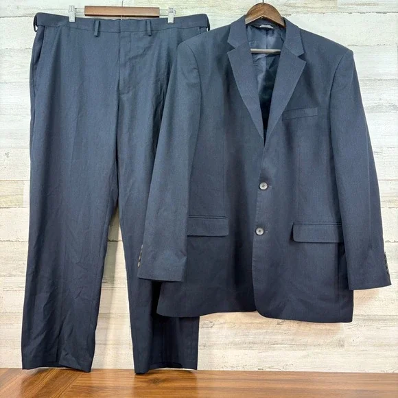 J.M.‎ Haggar Mens Navy Blue Classic Fit 2-Piece Suit Blazer Pants 48L 42x29