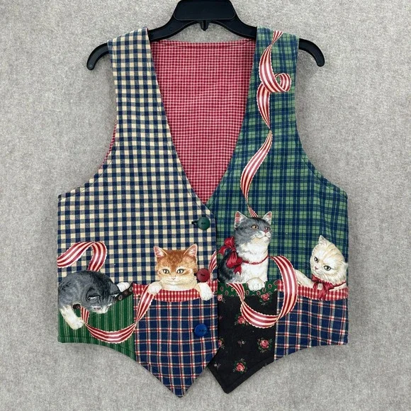 Vintage Cats Kittens Printed Graphics Plaid Check Waistcoat‎ Vest Size SM-MED