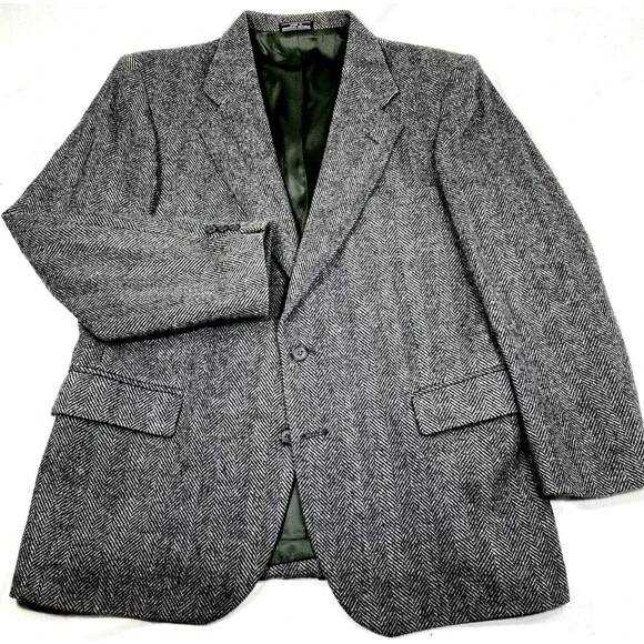 Barrington Vtg Tweed Wool Sport Coat Herringbone Gray Black 40 42 Men Preppy 70s