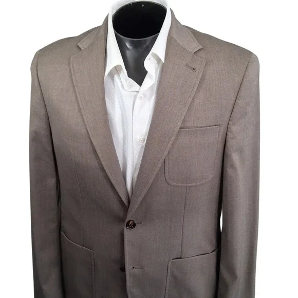 Murano Blazer L Slim Fit Tan Herringbone Unstructured Patch Pocket Double Vent
