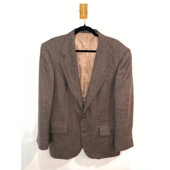 Oscar de la Renta Blazer 100% Wool Academia Houndstooth Sport Coat Brown Tan 41R