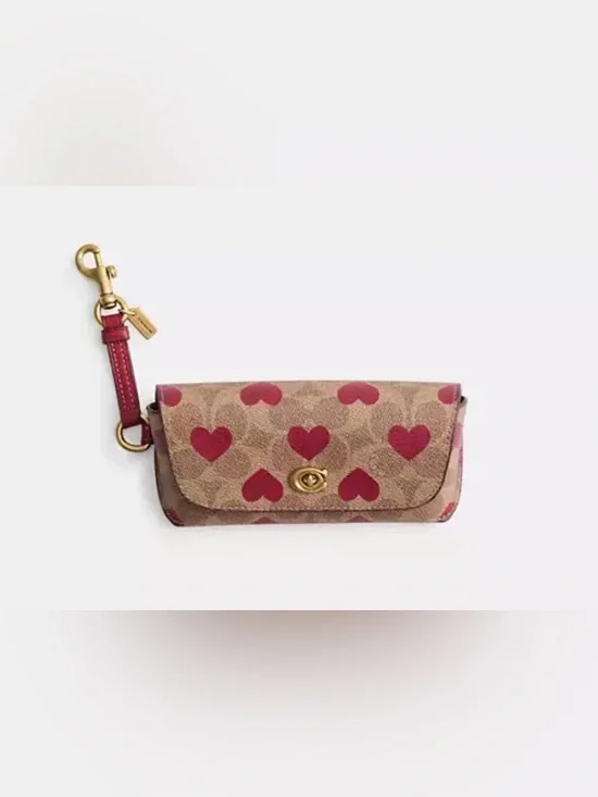 Coach Restored Sunglass Case Bag Charm In Signature Canvas With Heart Print ♥️