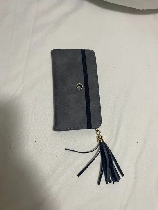 Gray Faux Leather Cell Phone Wallet Crossbody Purse Wristlet Card Holder Tassel