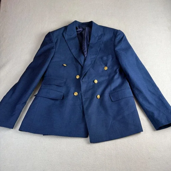 Luis Armoni Men's Blue Double Breasted Blazer Gold Crest Buttons 50 40R