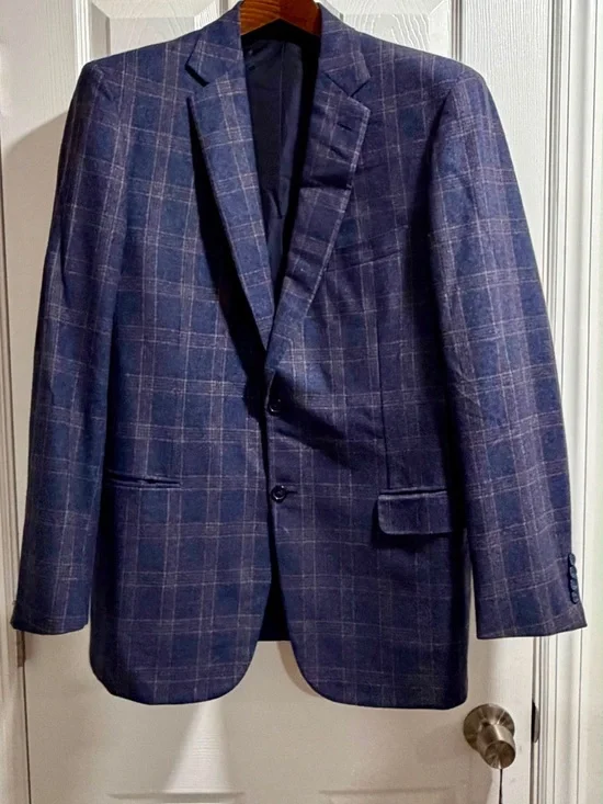 Brioni Navy Plaid Two-Button Sport Coat with Light Windowpane
