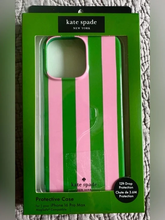 NEW Kate Spade New York 16 PRO MAX Pink/Green Stripe protective Case TPU.