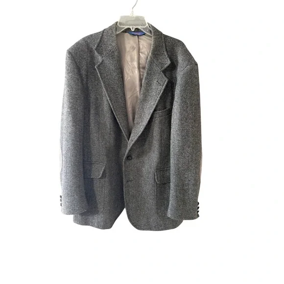 Pendleton 46 Long Grey Herringbone Wool Blazer Suede‎ Elbow Patches Sport Coat