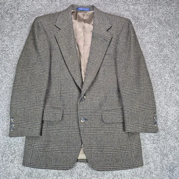 E. Thomas Nordstrom Wool Cashmere Blazer Mens 38R Brown Glen Plaid Sport Coat