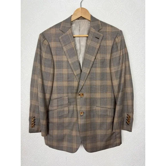 Custom Ermenegildo Zegna Wool Plaid Sport Coat Gray Tan Windowpane Suit 42 Short