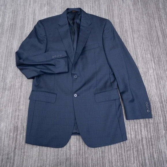 Jos A Bank Mens Navy Blue Windowpane 100% Wool 2 Button Blazer Sport Coat 40 LG