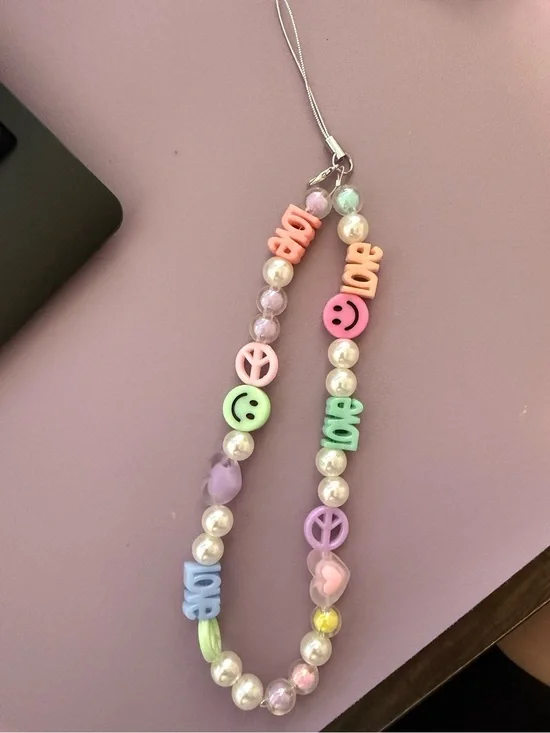 Pastel Smile & Love Beaded Phone Charm - Pink, Purple, Green