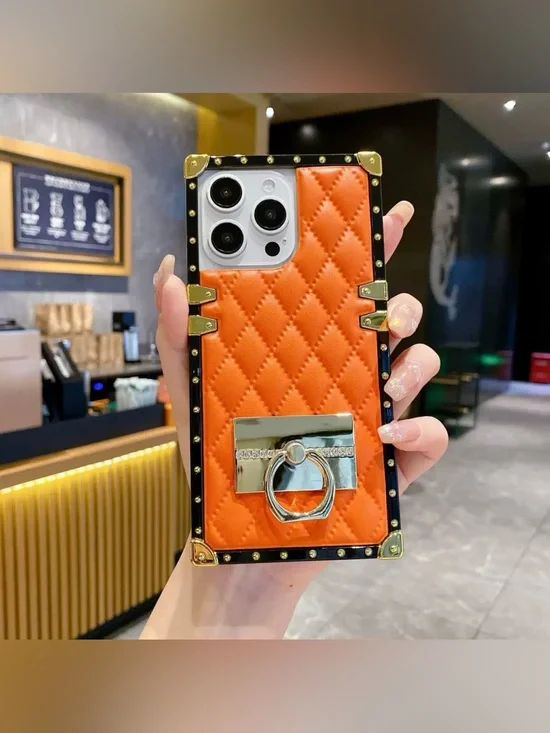 Luxury Orange Quilted Ring Holder Case for iPhone 16 Pro Max
