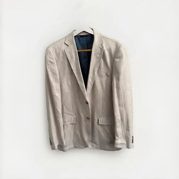 Alan Flusser Mens M Tan Linen Blend Sport Coat Blazer Paisley Lined Office