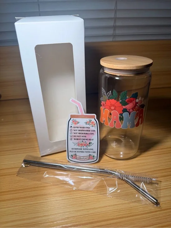 Mama Floral Glass Tumbler with Bamboo Lid and Straw - Clear/Orange/Green