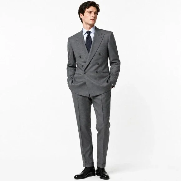 Yves Saint Laurent Double Breasted Suit 42R Gray Plaid Vintage Designer Business