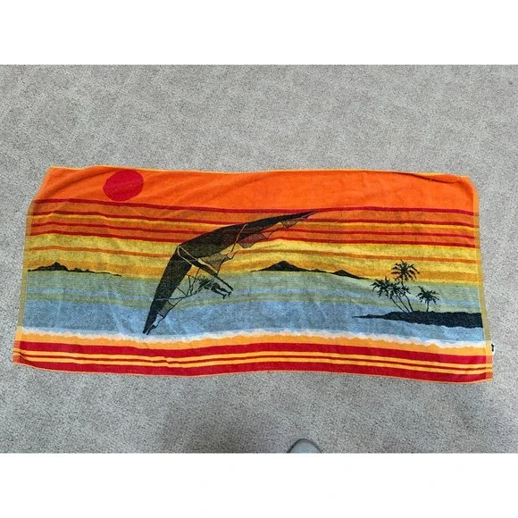 Vtg 80s Red/Yellow/Black WIND-SURFING BEACH TOWEL Summer Ocean Pool Gym