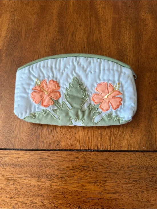 Floral Embroidered Cosmetic Pouch - Cream & Green with Coral Flowers