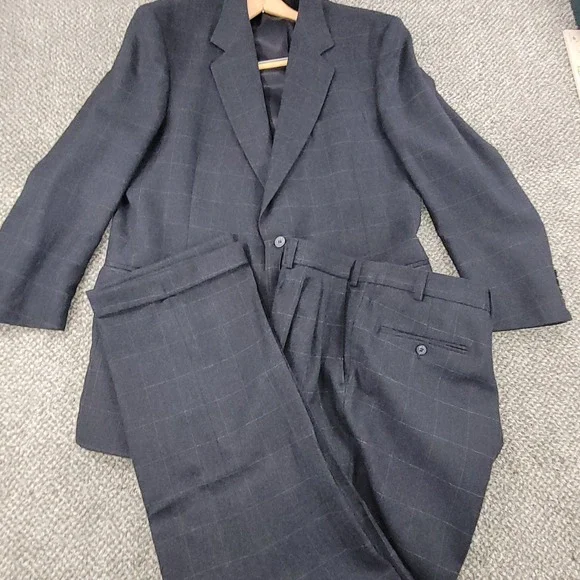 Warren Scott Mens 44L Suit Pure Wool Windowpane Charcoal Grey 2 Button Pleated