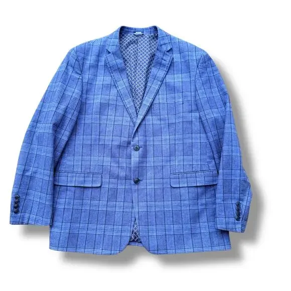 Crown & Ivy Men's 46R Blue Plaid Blazer Sport Coat Two Button Cotton Blend