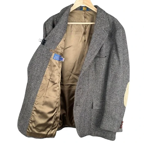 Vintage Pendleton Mens Grey Herringbone Wool Blazer Suede Elbow Patches 48 Long