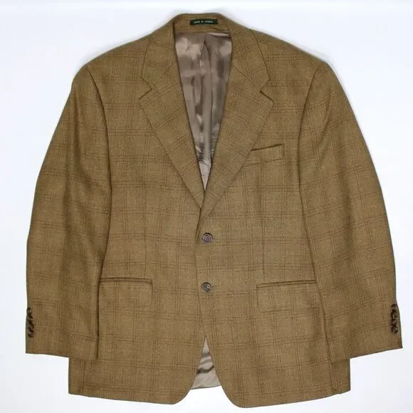 Vintage Ralph Lauren Canada Brown Plaid Silk Wool 2-Button Blazer Men Size 40S