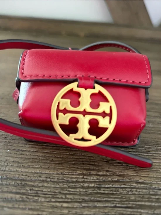 Tory Burch Small Red Leather Apple OG AirPods case with magnetic  Gold Logo