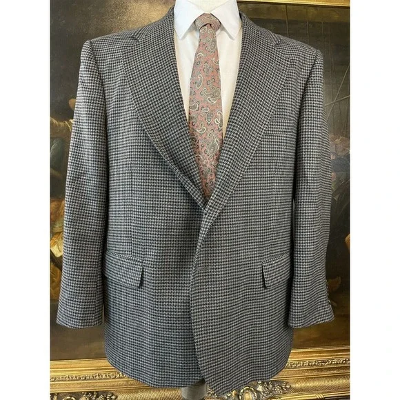 VTG Stafford 44S Gray Houndstooth Check Wool‎ Blend Tweed 2 Roll 1 Sport Coat