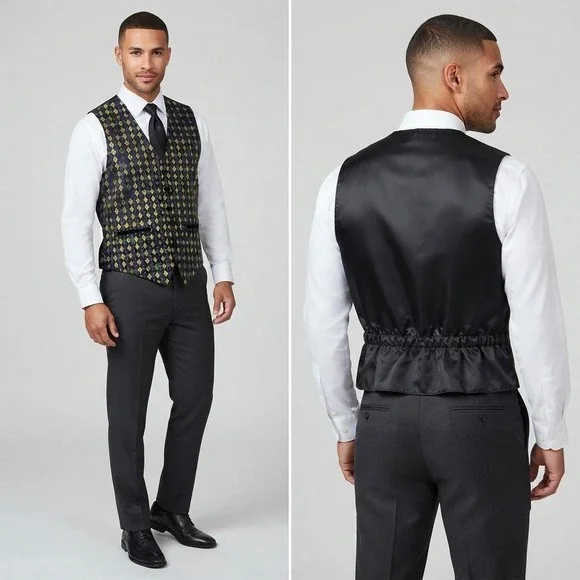 Neil Allyn Men's Tuxedo Vest Large Mardi Gras Harlequin Diamond Green Gold