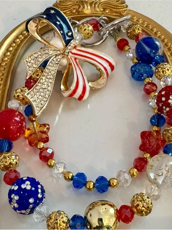 New Patriotic Red, White & Blue Crystal Bow Phone Charm/Bag Chain