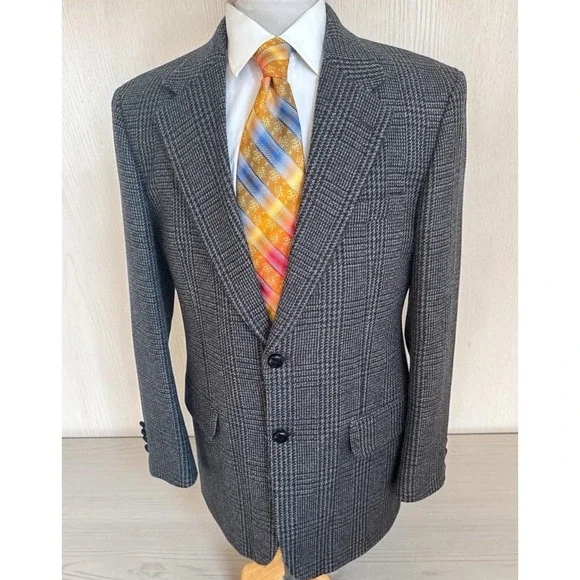 Savile Row Jacket Sz 40R Blue Houndstooth Plaid Wool Flannel Blazer Sport Coat