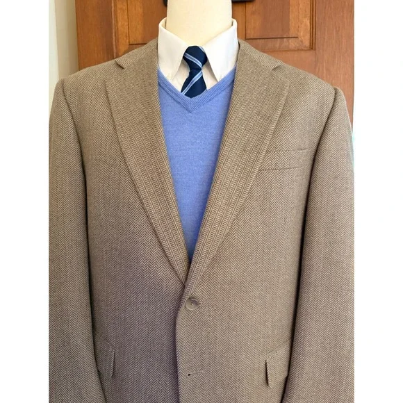 Alan Lebow Herringbone Sport‎ Coat Mens 44R Tan Wool Cashmere Blazer Jacket
