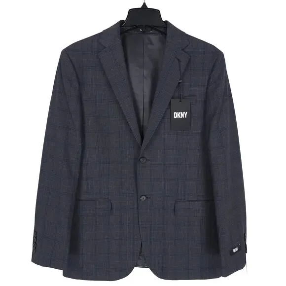 DKNY Mens Modern Fit Suit Jacket Blazer 40R Dark Grey Blue Plaid Stretch NWT