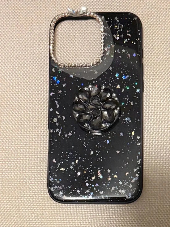Black Glitter Star Phone Case with Rhinestone Ring