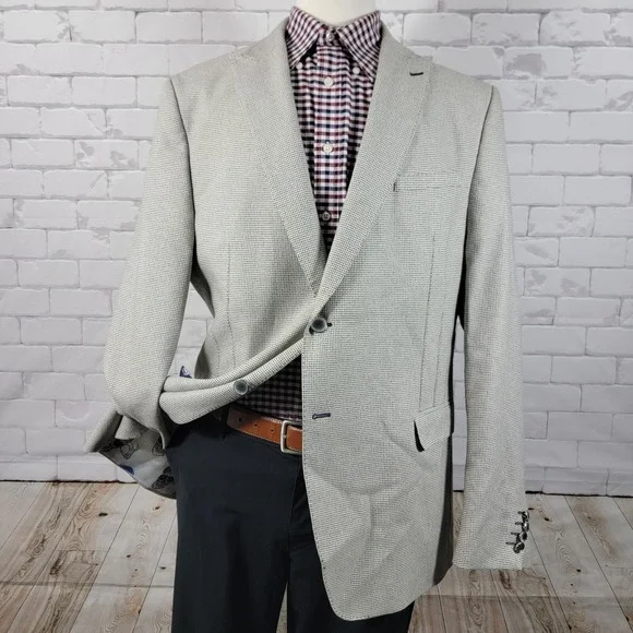 Maceoo Men's Blazer Bethoven Grid White‎ Two Button Checked Poly Blend Size 48L