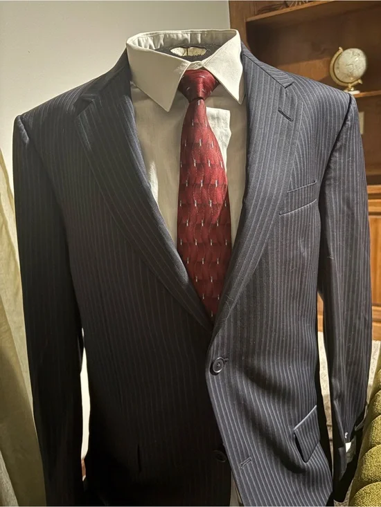 Murano Navy Pinstripe Suit Jacket with Red Tie