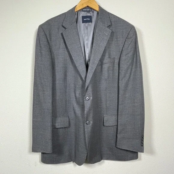 Nautica Blazer Mens 48L Gray Preppy Dark Academia Wool Houndstooth Sport Coat