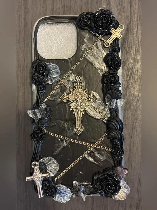 Handmade Black Gothic 3D Rosette Cross iPhone Case