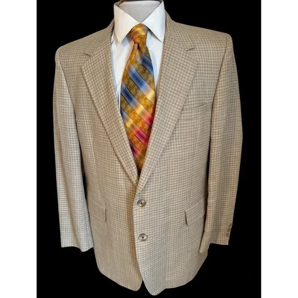 Vtg Kingsridge Beige Plaid Lightweight Sport Coat Blazer Jacket USA Made Sz 44R