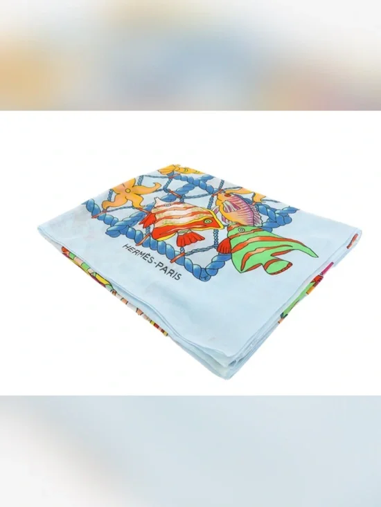 Hermes Light Blue Silk Scarf with Colorful Fish Motif
