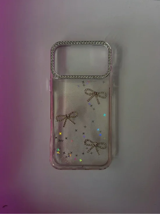 Clear Pink Bow & Rhinestone Camera Frame Phone Case iPhone 17 pro max