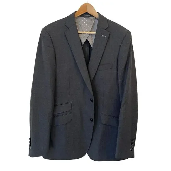 Indochino Mens Blazer‎ Bespoke 43L Wool Stretch Charcoal Pinstripe Surgeon Cuffs