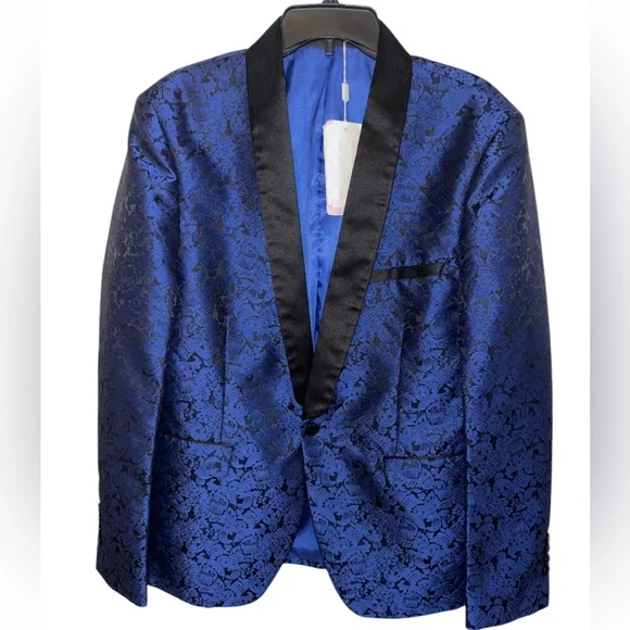 Men's Blue and Black Lacquard Floral Print Blazer  us large / eu40
