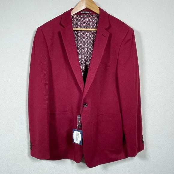 Suslo Couture Azaro Uomo Blazer Mens 44 XL Burgundy Textured Slim Fit Sport Coat