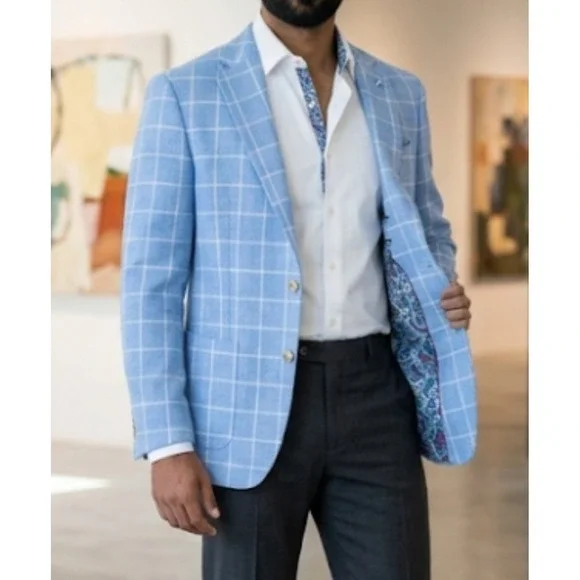 Tailorbyrd Mens Sport Coat Windowpane Blue 42R Paisley Lining NWT