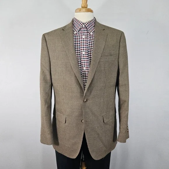 Chaps Men's Sport Coat Blazer Two Button Brown‎ Houndstooth Poly Blend Sz 42L