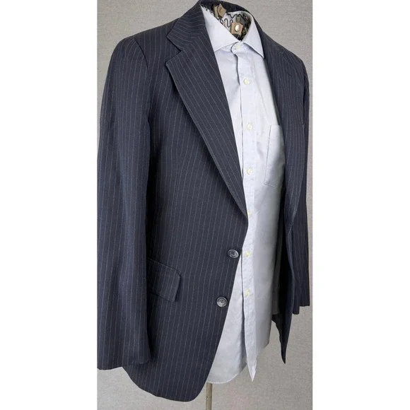 Vintage Bespoke Mens Navy Blue Pinstripe Two Button Blazer Jacket 50s Wide lapel
