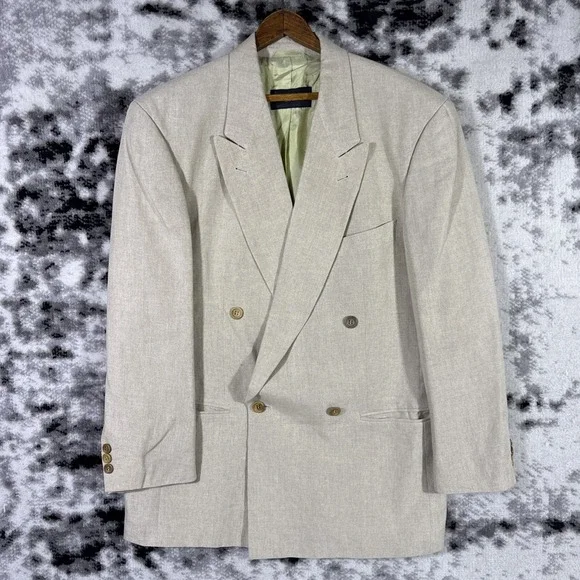 Hugo Boss Jacket Mens Size 42 Chest 100% Solbiati Linen Sand Double Breasted