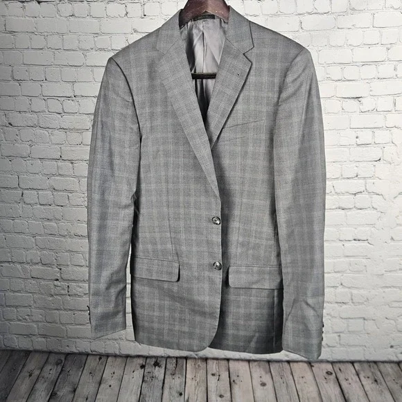 Jos A Bank Reserve Joseph Abboud Blazer 38L Grey Glen Plaid Super 120s Wool USA‎