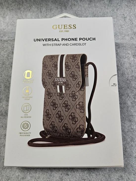 GUESS Brown Monogram Crossbody Phone Pouch with Stripe Detail