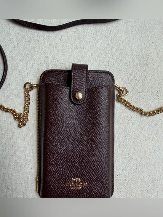 Coach Burgundy Leather Crossbody Phone Case with Gold Chain